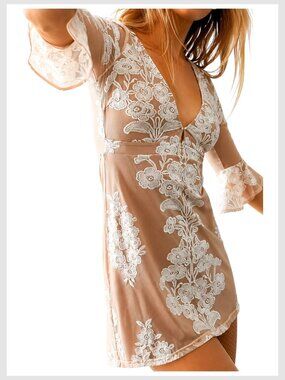 For Love & Lemons Temecula Embroidered Lace Mini Dress Nude XS